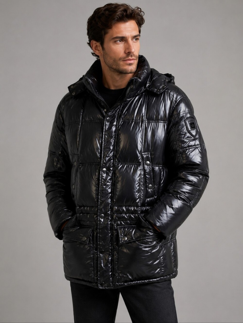 add Icon 10 Glossy Black Quilted Goose Down Coat Fur Trim Winter Men's Medium